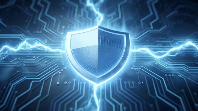 Cybersecurity shield animation with electric circuit network, digital data protection and secure defense concept, encrypted privacy system and modern technology security visualization