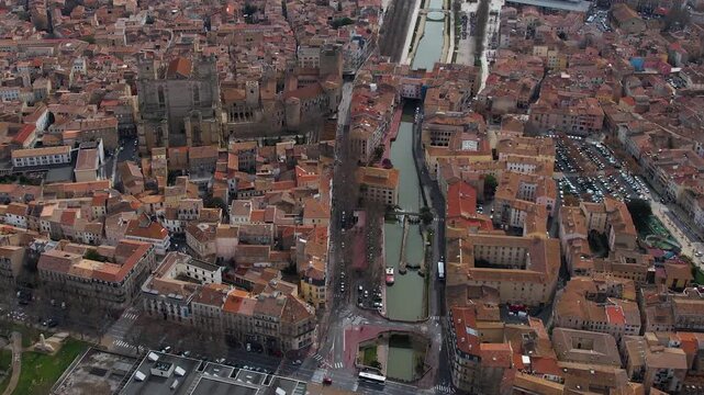 Aerial view of the old town of Narbonne in France on a sunny day in early spring.
