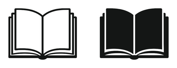 Open book icon set in outline and solid style for education, reading, library and academic learning vector illustration on transparent background