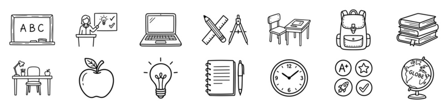 School education line icons set with teacher, laptop, backpack, books, globe, notebook and classroom supplies on transparent background