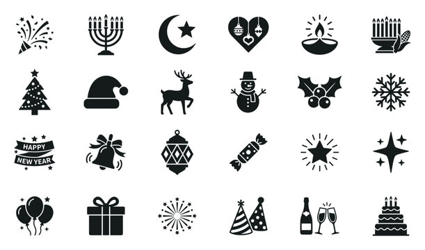 Holiday celebration solid icons set with Christmas tree, menorah, fireworks, Santa hat, gifts and party symbols on transparent background