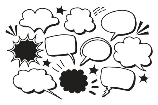 Hand-drawn comic speech bubbles, burst shapes, cloud thought bubbles, doodle style, vector icons, isolated Victor set