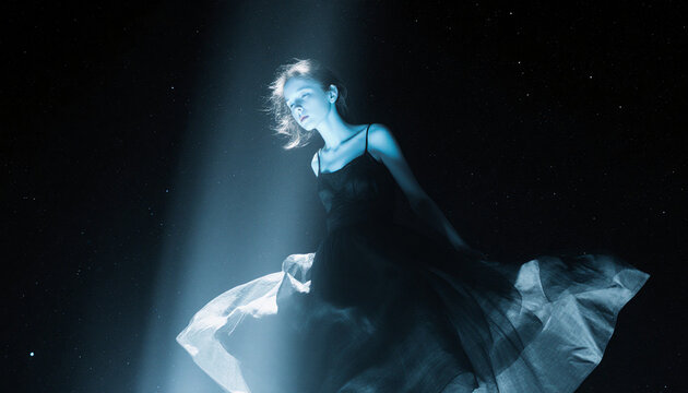 Ethereal Woman in Flowing Black Dress Under Starry Light