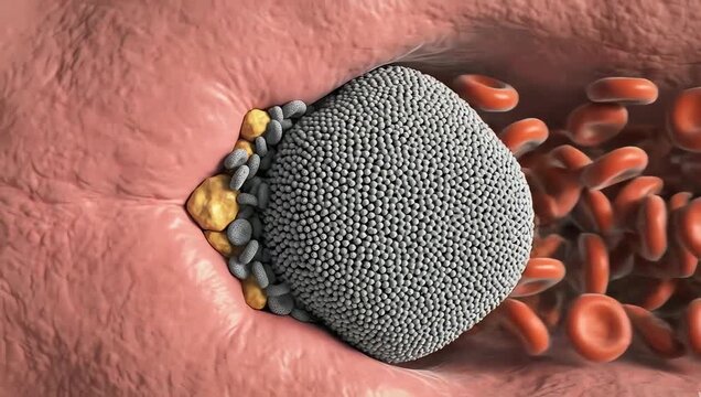 Platelets rapidly gathering at a ruptured plaque site, forming a blood clot that begins to block the artery