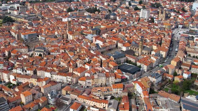 Aerial around the city Millau, 12100, France on a sunny day in early spring.