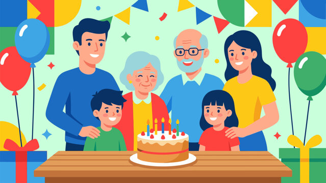 Flat vector illustration of a big family with grandparents, parents, and children celebrating with birthday cake, balloons, and gifts. Perfect for family party and togetherness themes.