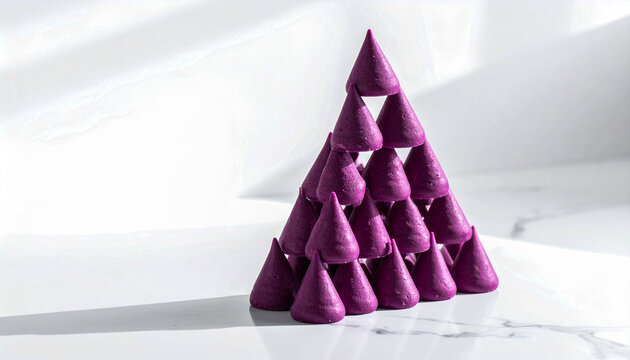 A pyramid of purple cone-shaped cuberdon candies sits on a white marble surface under bright natural window light.