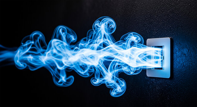 Electric current flowing from power outlet with glowing blue energy waves