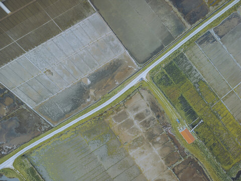Aerial view of salt marshes and agricultural fields with intricate patterns, Figueira da Foz, Coimbra, Portugal.