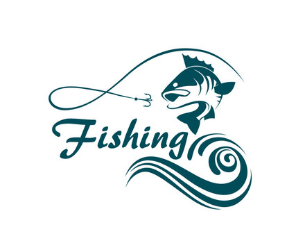 fishing emblem with bass, waves and hook isolated on white background