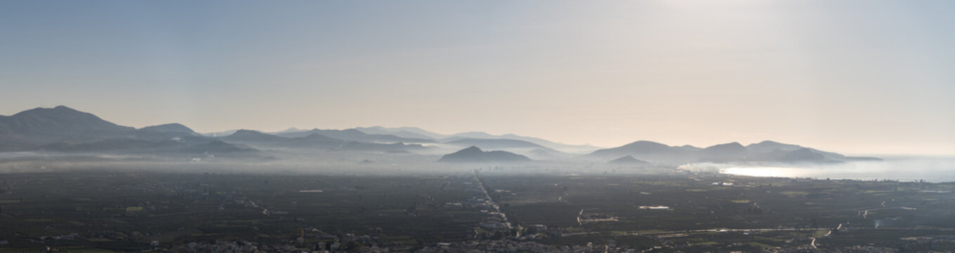 Panoramic View from Larisa Castle in Argos, Peloponnese, Greece at sunrise