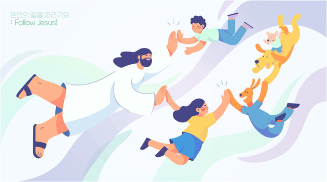 Jesus flying in the sky high fiving kids and animals . for summer VBS. Vacation Bible School  illustration
