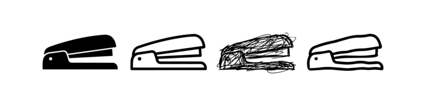 Set of stapler icons in various styles including silhouette, line art, scribble, and hand-drawn doodle, perfect for office supplies, stationery, and professional equipment design concepts.