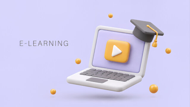 Modern 3D Illustration of a Laptop with a Play Button and Graduation Cap Representing E-Learning, Online Education, and Distance Learning on a Clean Purple Background.