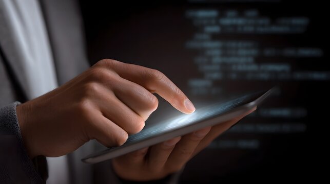 Hands interacting with a glowing digital tablet surrounded by abstract lines of code and complex data visualization