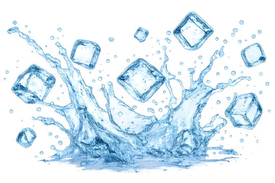 Refreshing water splash with falling ice cubes, dynamic blue liquid crown and droplets, cold beverage refreshment concept for summer drinks isolated on White Background