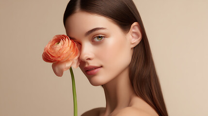 Fototapeta premium Natural Beauty Portrait: Young Woman with Radiant Skin and Long Hair, Holding a Delicate Orange Flower Against a Soft Background