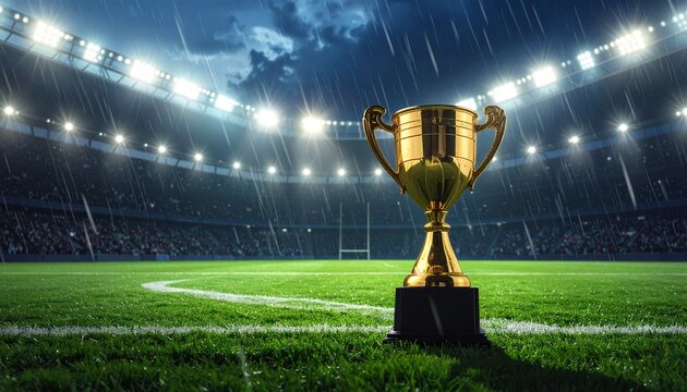 Trof&eacute;u de ouro em campo de futebol sob chuva e holofotes