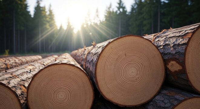 Freshly cut trees stacked logs in a forest with sunlight streaming through branches