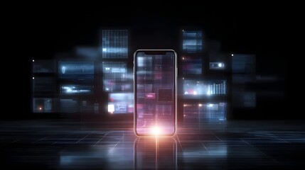 Obraz premium A glowing smartphone centered amidst abstract streams of digital data and technical visualizations on a dark surface