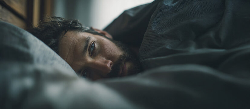 Insomnia or sleep disorder, man lying awake in bed with open eyes in bedroom interior, anxiety banner background with copyspace