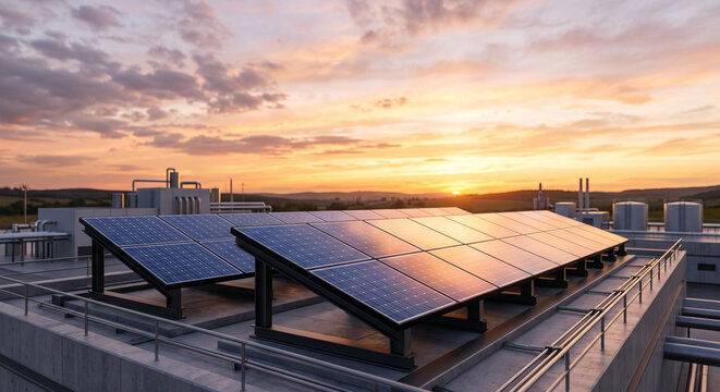 Rooftop solar panels reflect sunset sky on industrial complex