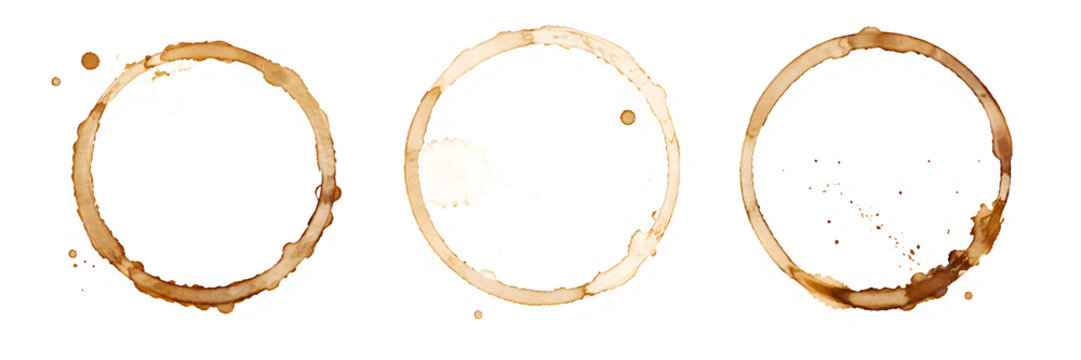 A watercolor collection of coffee cup stains featuring brown circular mug ring marks and splash effects illustrated in a textured hand-painted style.