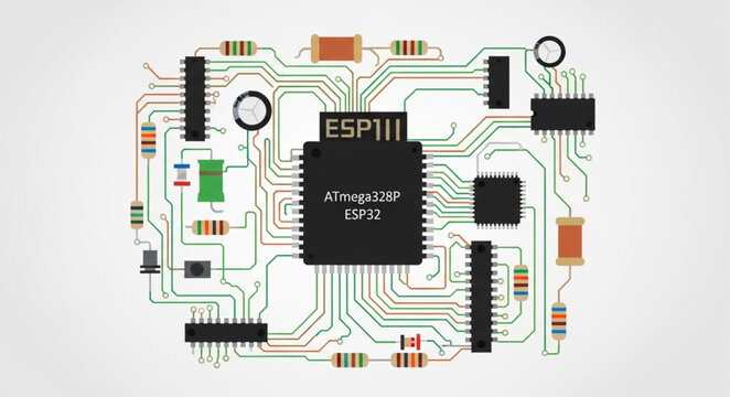 Electronic circuit board with central microchip and components.