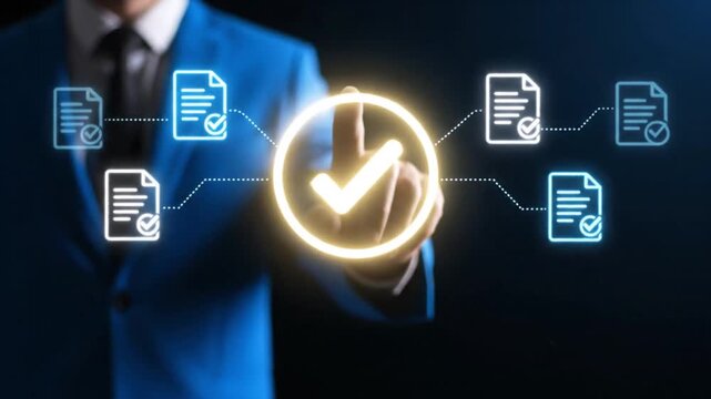 businessman finger touching holographic check mark icon with standard verified document system flow
