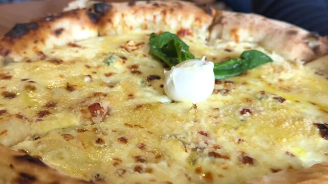 Delicious cheese basil pizza with Fresh Basil Buratto cheese