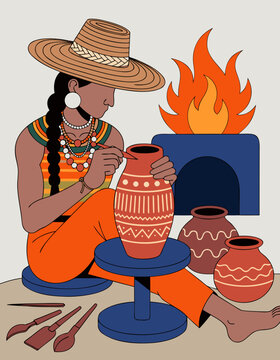 Indigenous Potter Traditional Clay Carving Kiln Heritage Artisan Vector