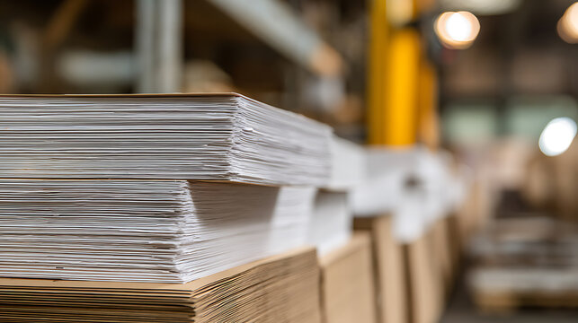 Close-up stack of raw paper sheets with brown cardboard layer in an industrial warehouse facility for printing or packaging production