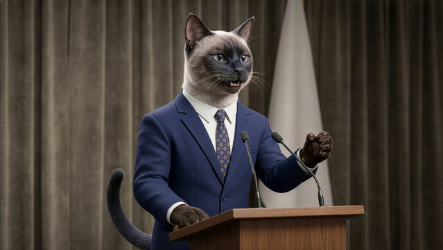 Siamese Cat Dressed in Navy Blue Suit Giving Speech at Podium With Microphones &mdash; Funny Anthropomorphic Political Leader Pet Digital Art