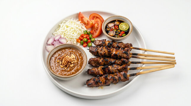 Grilled Indonesian goat satay sate kambing with peanut sauce and soy sauce