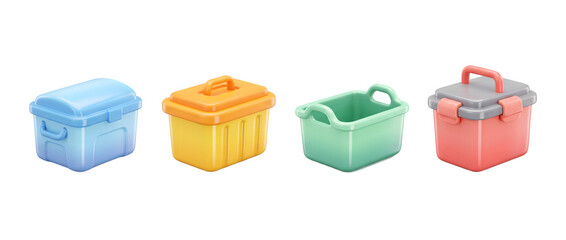 Fototapeta premium This image features a set of vibrant trash bins designed in a clean, minimalistic 3D style, emphasizing color and form in waste management.