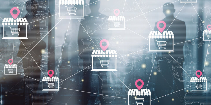 Digital Global Ecommerce Ecosystem with Connected Online Retail Stores and Marketplace Platforms.