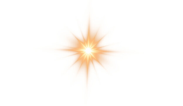 Sunburst effect with golden spotlights and glittering lens flares. Transparent PNG backdrop with vibrant strobe lighting and atmospheric dawn light.