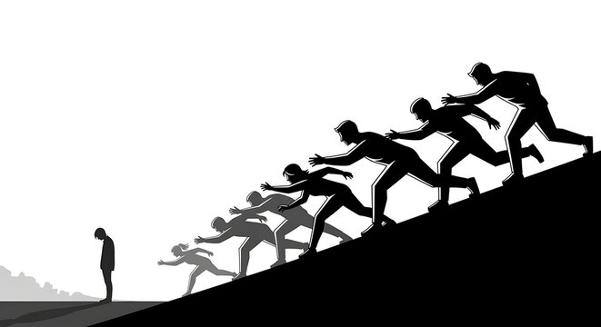 Isolated person watches as a group of people rush uphill with isolation struggle challenge different outsider teamwork conformity nonconformity progress motivation competition silhouette