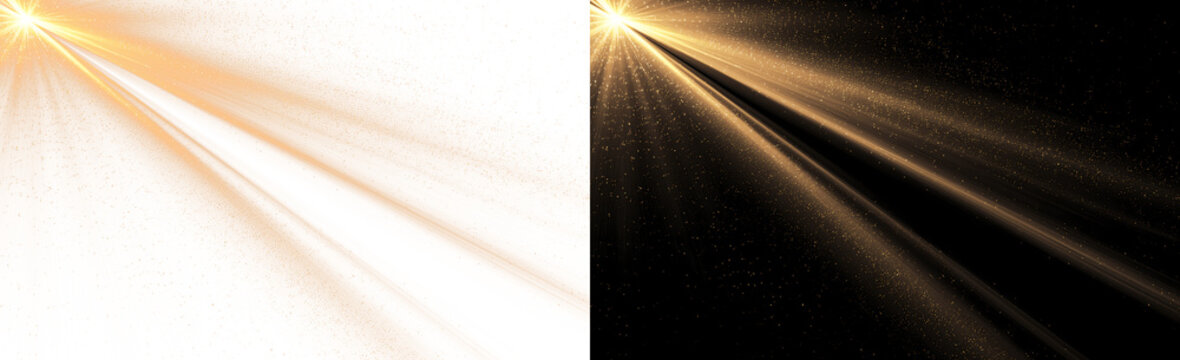 Sunburst effect with golden spotlights and glittering lens flares. Transparent PNG backdrop with vibrant strobe lighting and atmospheric dawn light.
