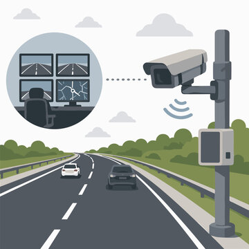 Traffic surveillance cameras mounted over a highway for security and monitoring. Smart city safety system for tracking speed and road violations.