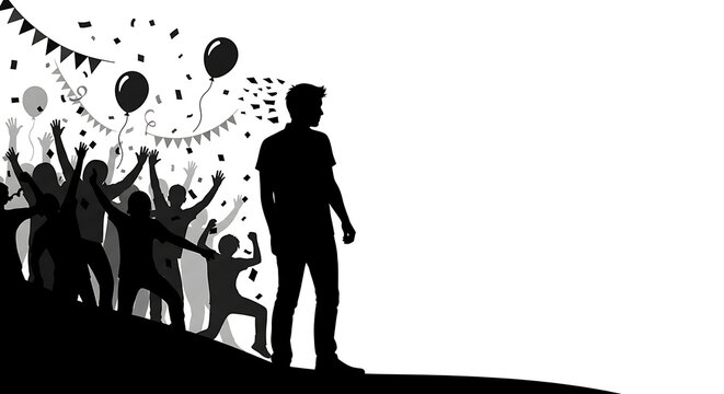 Silhouette of a person standing apart from a crowd celebrating at a party with standing out black and white silhouette celebration loneliness separation individuality gathering confetti