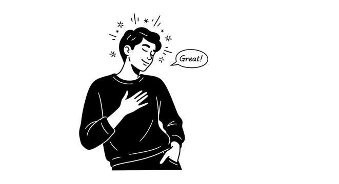 Proud man with hand on chest and sparkling stars overhead self assured feeling good black and white self esteem well being confidence satisfaction accomplishment happiness positive emotion
