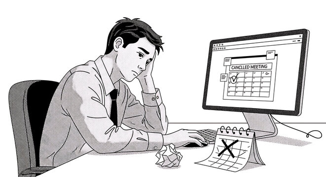 Man looking stressed at computer screen with crumpled paper and 'x' mark stressed computer crumpled frustration exhaustion business overwhelmed difficulty deadline pressure illustration