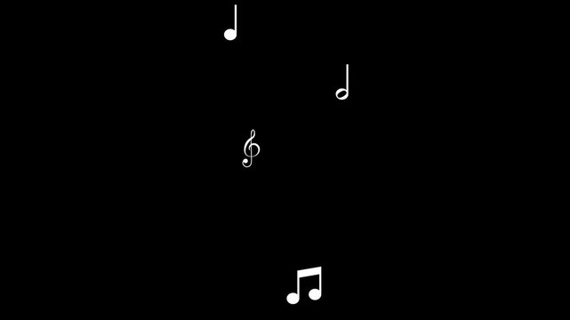 Animated white notes flying from left to right. Wave of flying notes. Music concept. Vector illustration isolated on a black background.