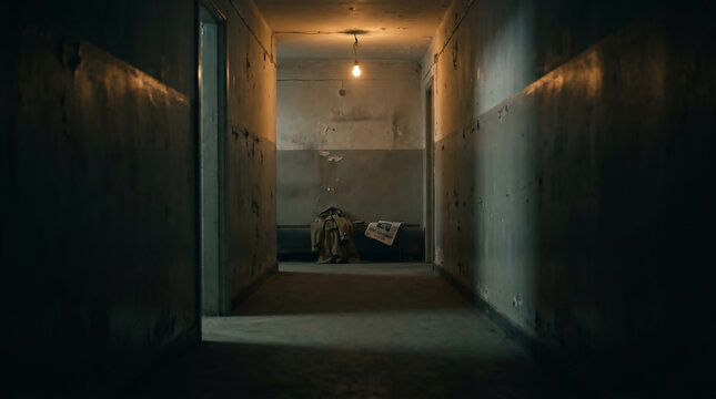 An eerie, dimly lit hallway with a single light bulb casting long shadows, perfect for a suspenseful mockup or horror scene, creating a sense of isolation and dread
