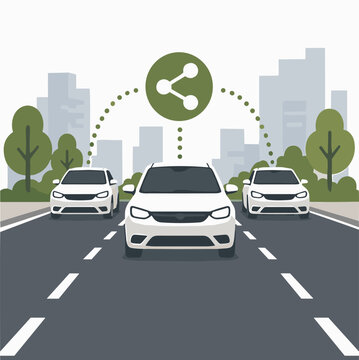 Connected vehicle fleet showing data exchange and network synchronization. Illustration of shared mobility, traffic management, and smart transportation systems.