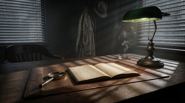 A vintage detective's desk mockup bathed in the warm glow of a desk lamp, with an open book, magnifying glass, and fedora hat suggesting a mystery waiting to be solved