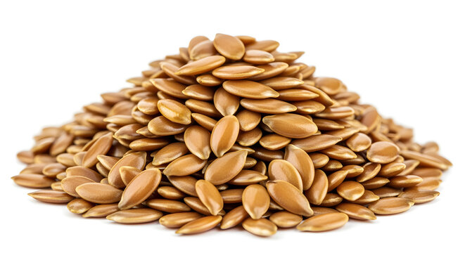 Flax seeds pile macro detail, isolated pure white background