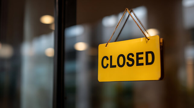 Bright Yellow Closed Sign Hang on Glass Door of Retail Business, Office, or Restaurant, Indicating Temporary Closure or End of Operating Hours