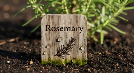 Fototapeta premium Wooden sign labeled rosemary placed in soil beside fresh rosemary plant. Concept of gardening, organic cooking, or herb cultivation. Useful for articles on gardening or culinary herbs.